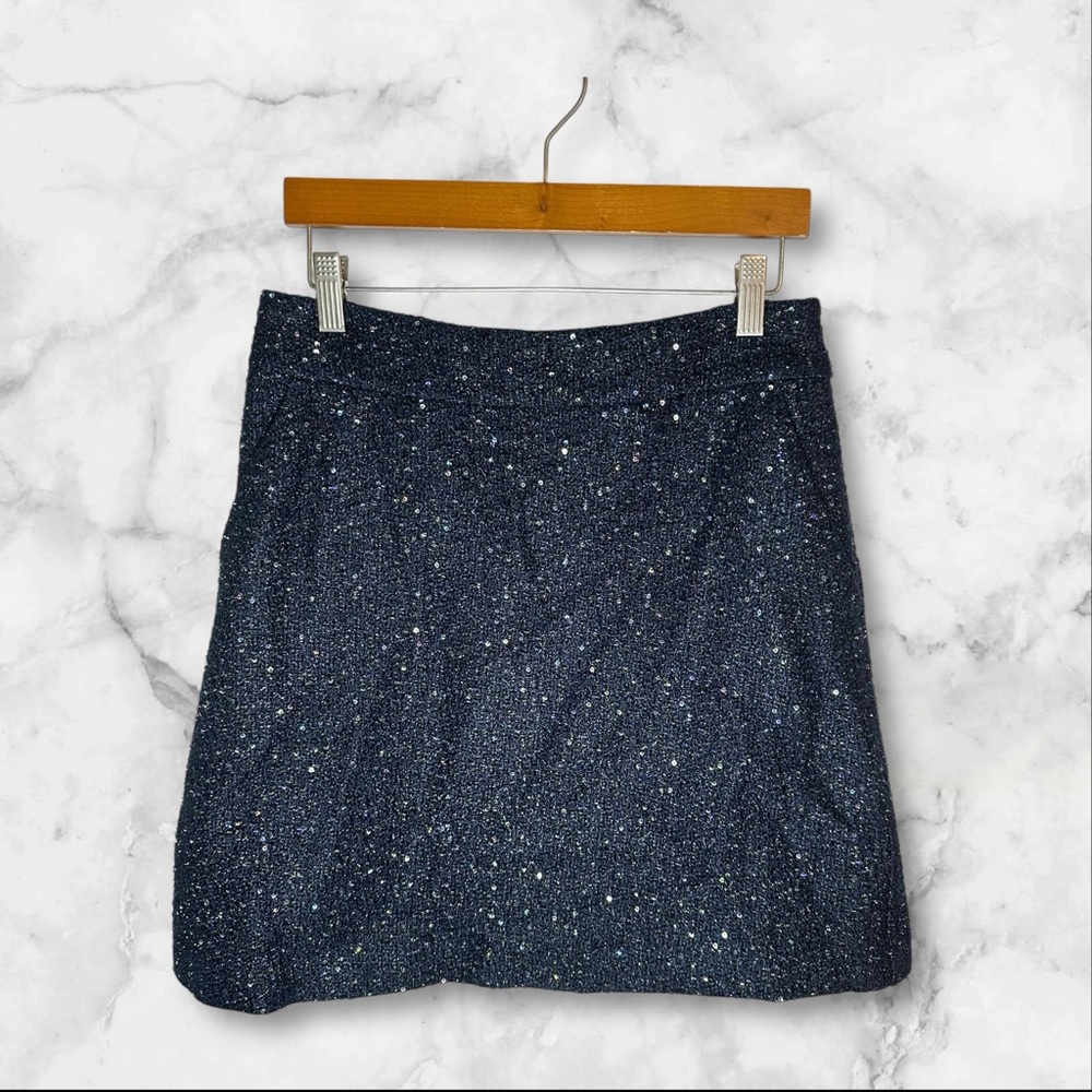 LOFT Navy, Black Tweed Mini Skirt. Subtle Sequin and Metallic Threads. Size 2.